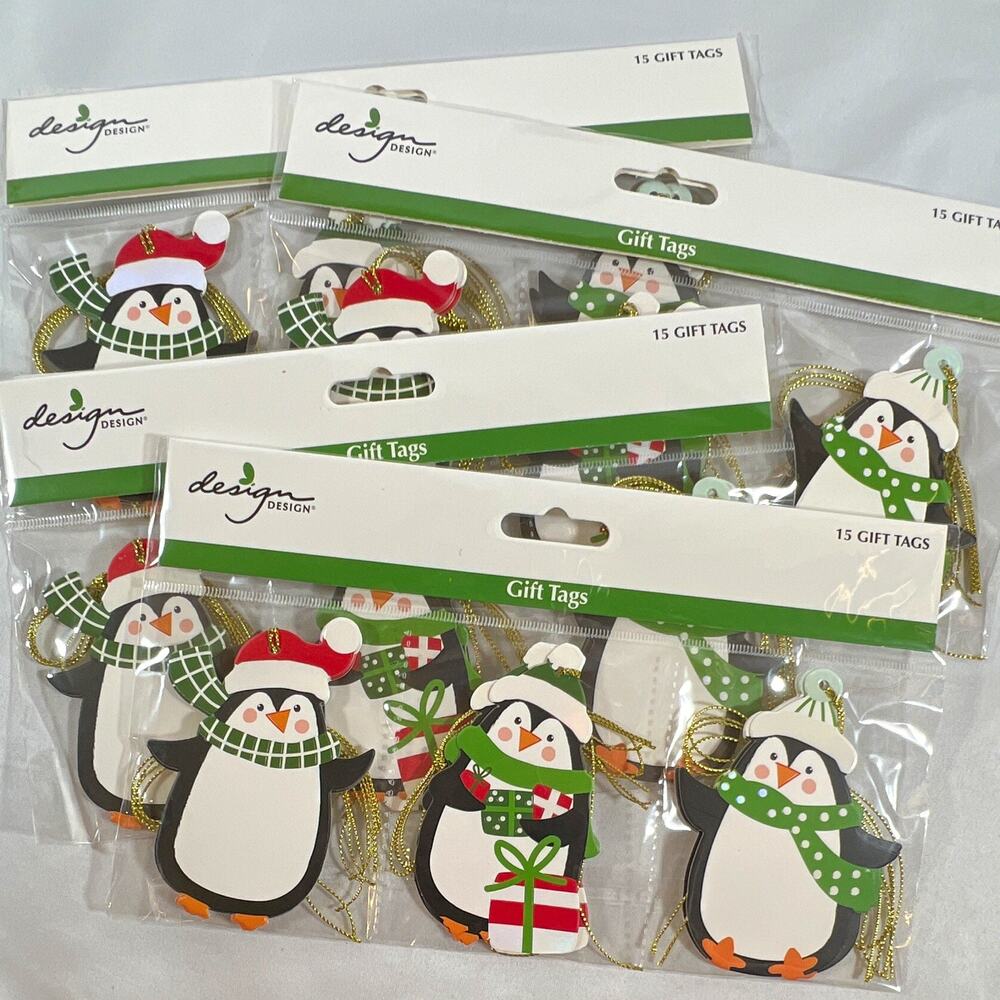 Design Design Christmas Penguin Gift Tags Gold String Polka Dot Plaid lot of 60